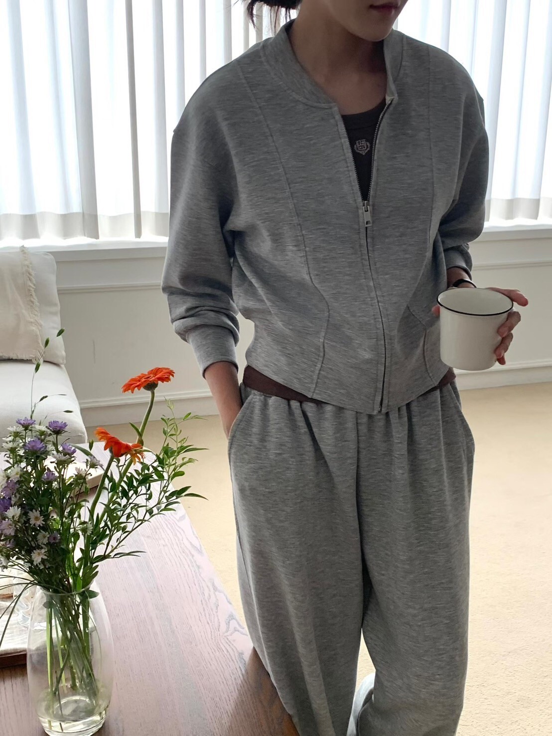 圓領拉鍊休閒外套+鬆緊腰棉褲長褲SET / 2色