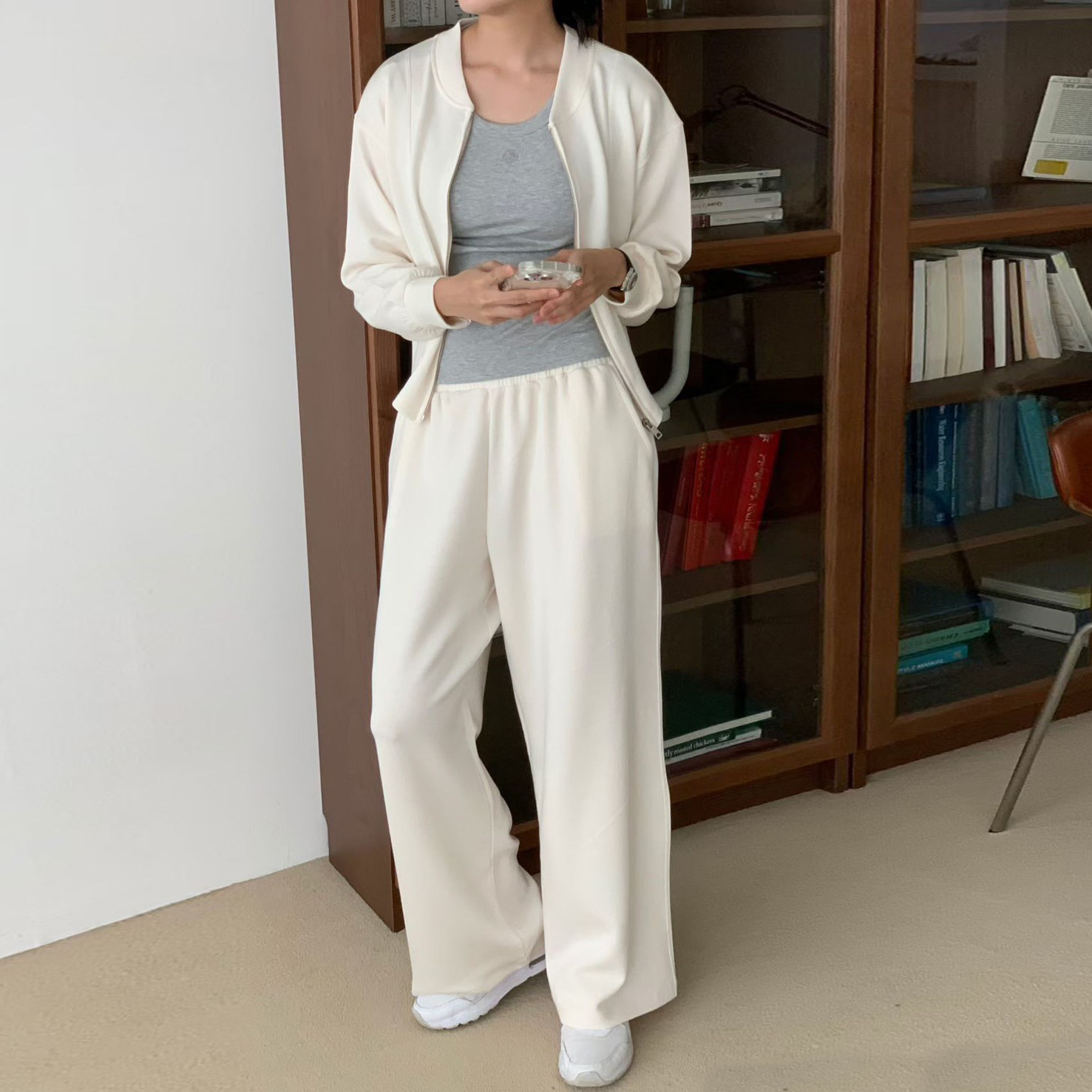 圓領拉鍊休閒外套+鬆緊腰棉褲長褲SET / 2色