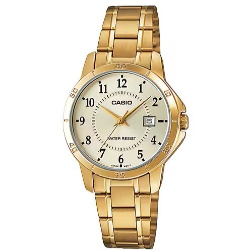 【CASIO 卡西歐】簡約數字 日期顯示 金色鋼帶 對錶 腕錶 手錶 LTP-V004G