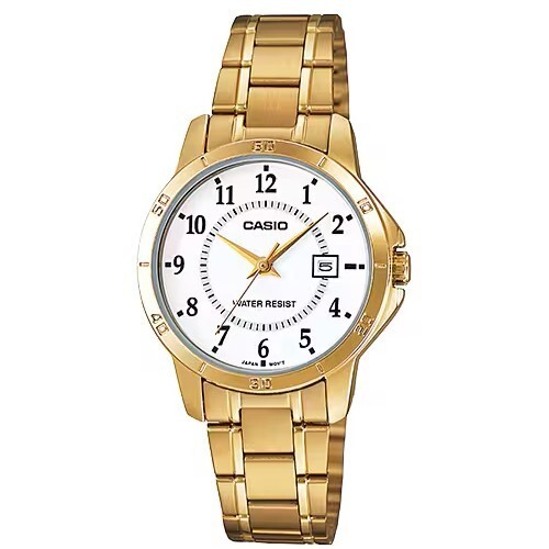 【CASIO 卡西歐】簡約數字 日期顯示 金色鋼帶 對錶 腕錶 手錶 LTP-V004G