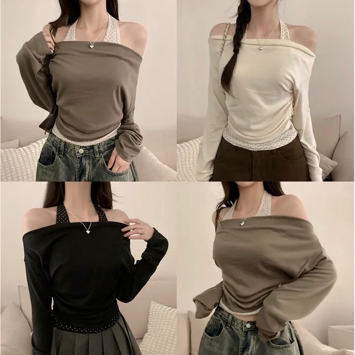 【11/2完額外95折優惠！首批優惠價預訂】韓國波點掛頸層疊長袖上衣（3色）