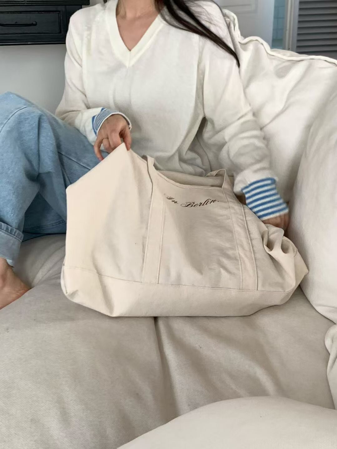 奶油白草寫字母肩背帆布包購物袋