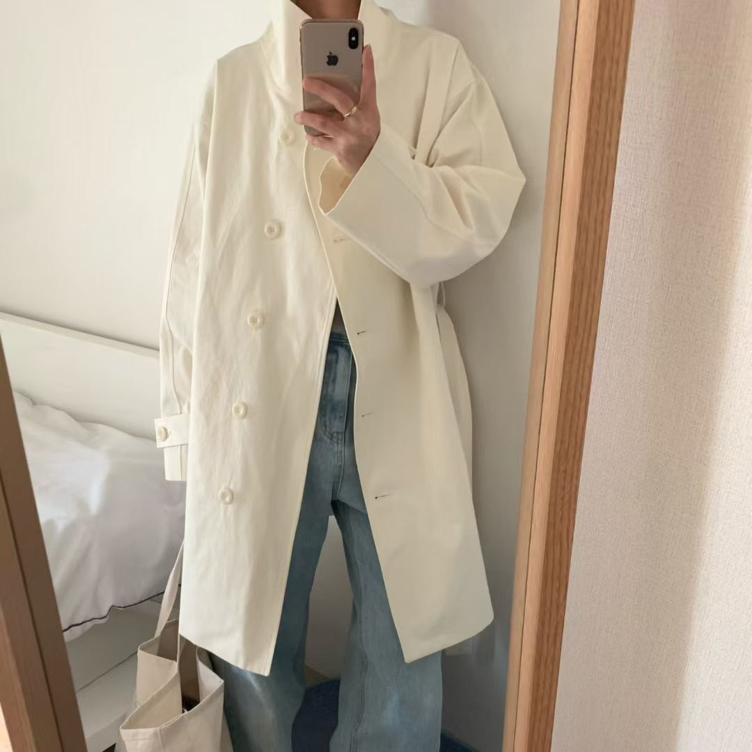 經典色系排釦造型立領風衣外套 / 2色