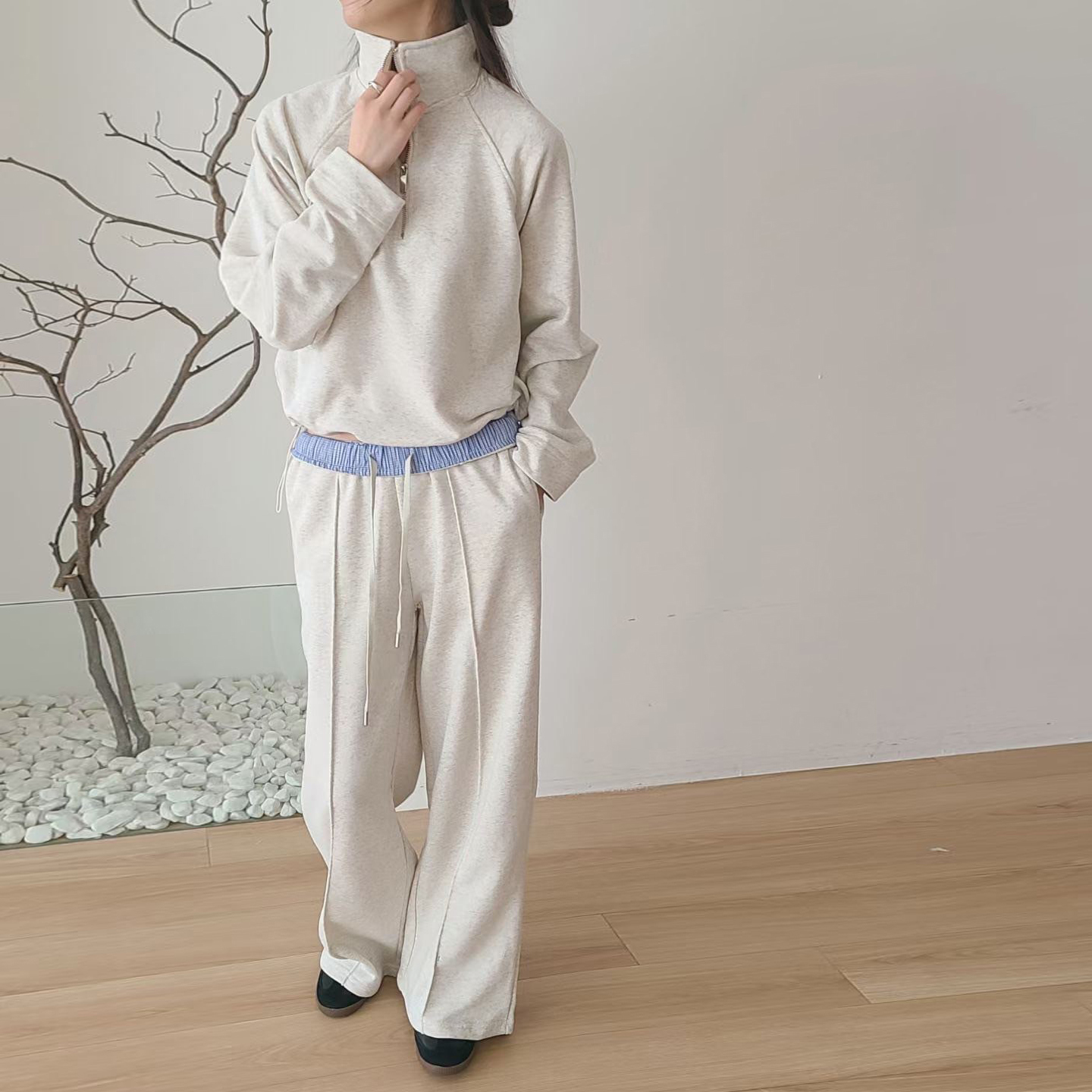 立領拉鍊造型上衣+鬆緊腰配色腰頭棉褲SET / 2色