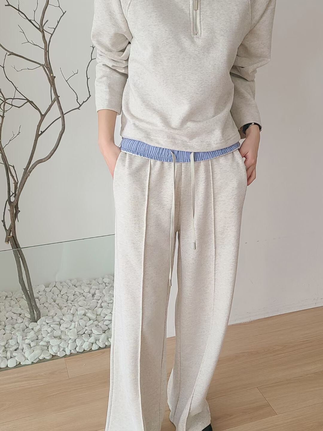 立領拉鍊造型上衣+鬆緊腰配色腰頭棉褲SET / 2色