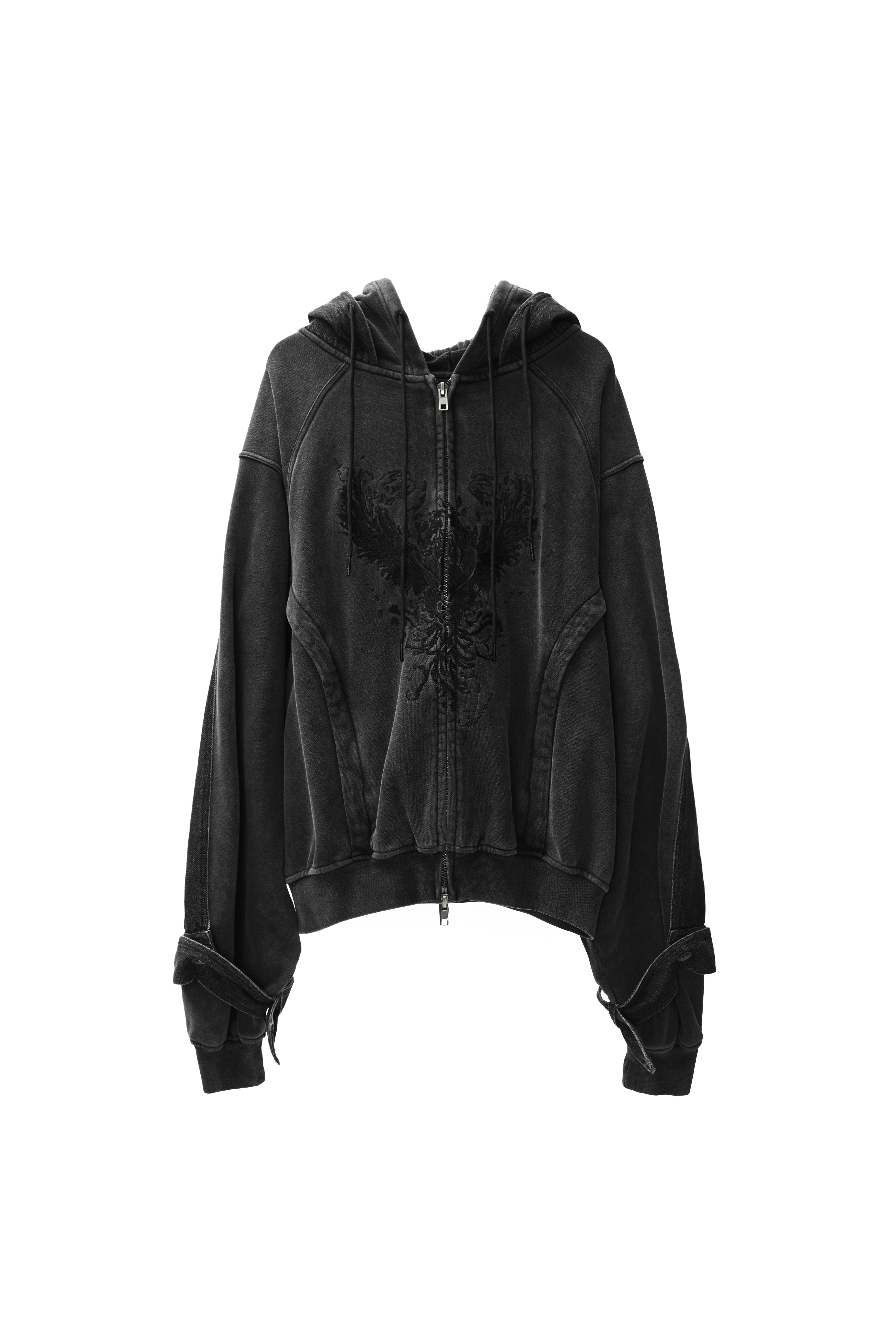 REMIX "RE Wing Denim Panel Cotton ZIP Hoodie @xxfalseprophetxx" (Black)