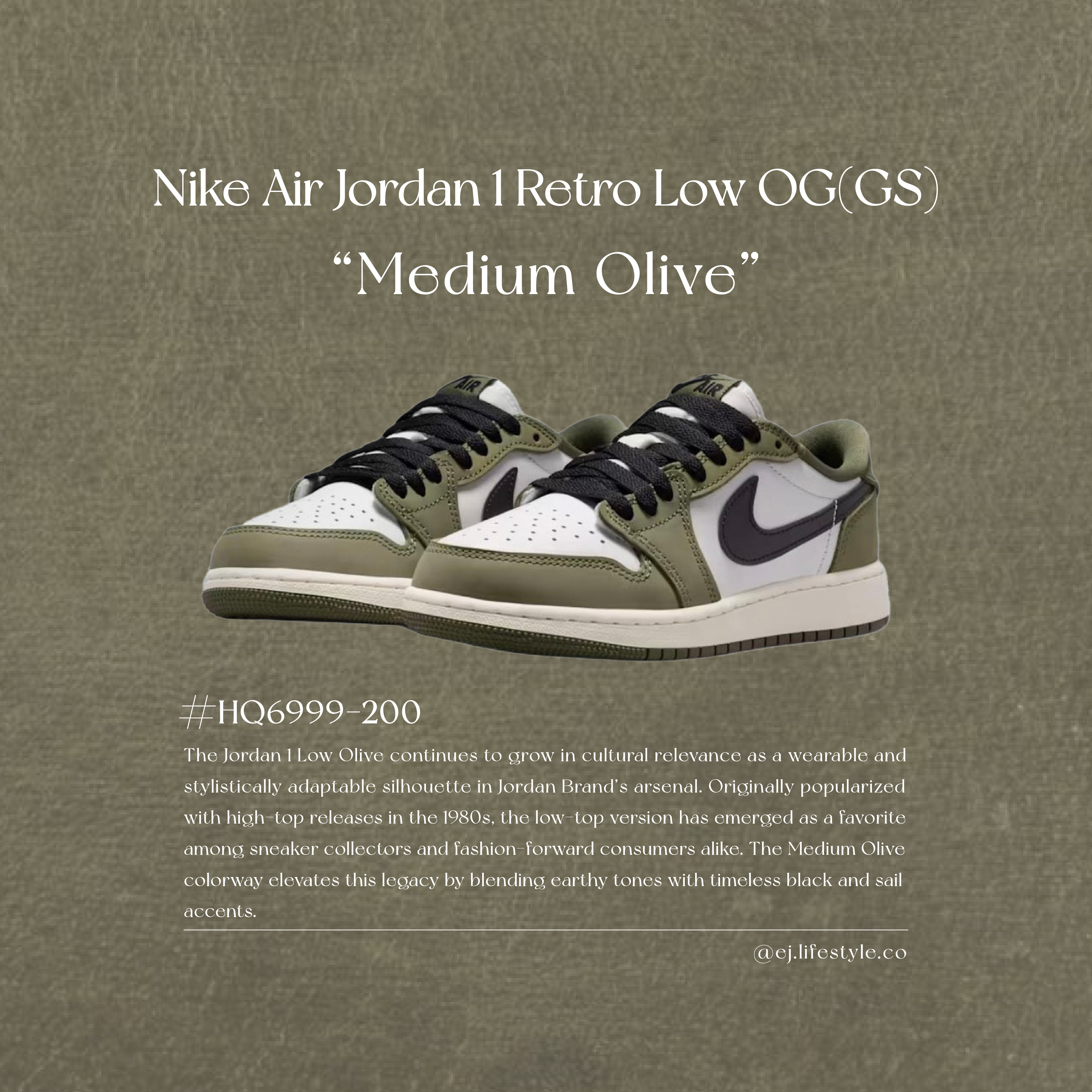 NIKE AIR JORDAN 1 RETRO LOW OG GS "MEDIUM OLIVE" AJ1 橄欖灰綠 橄欖綠 黑色 奶油底 倒勾平替 大童鞋 HQ6999-200 / 現+預