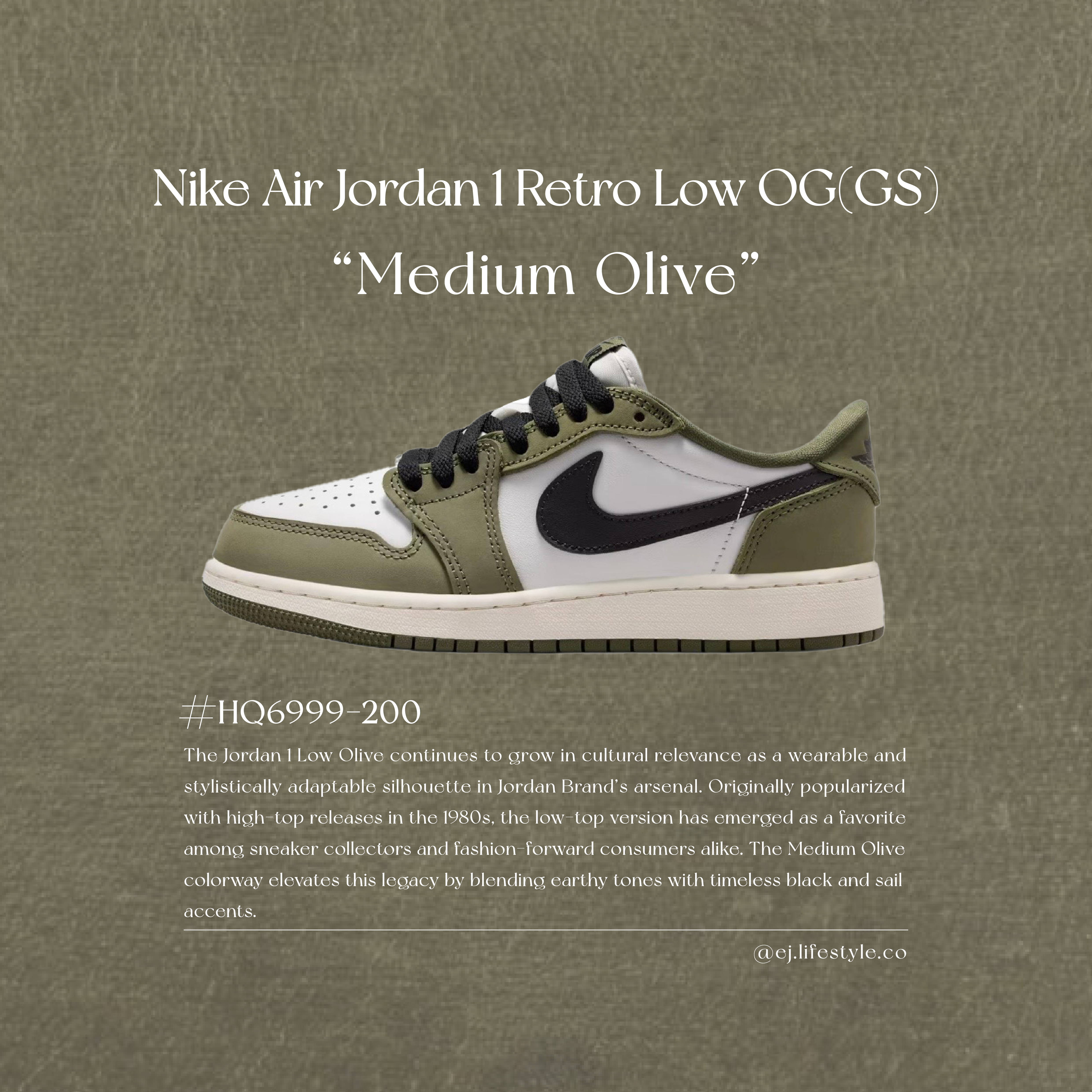 NIKE AIR JORDAN 1 RETRO LOW OG GS "MEDIUM OLIVE" AJ1 橄欖灰綠 橄欖綠 黑色 奶油底 倒勾平替 大童鞋 HQ6999-200 / 現+預