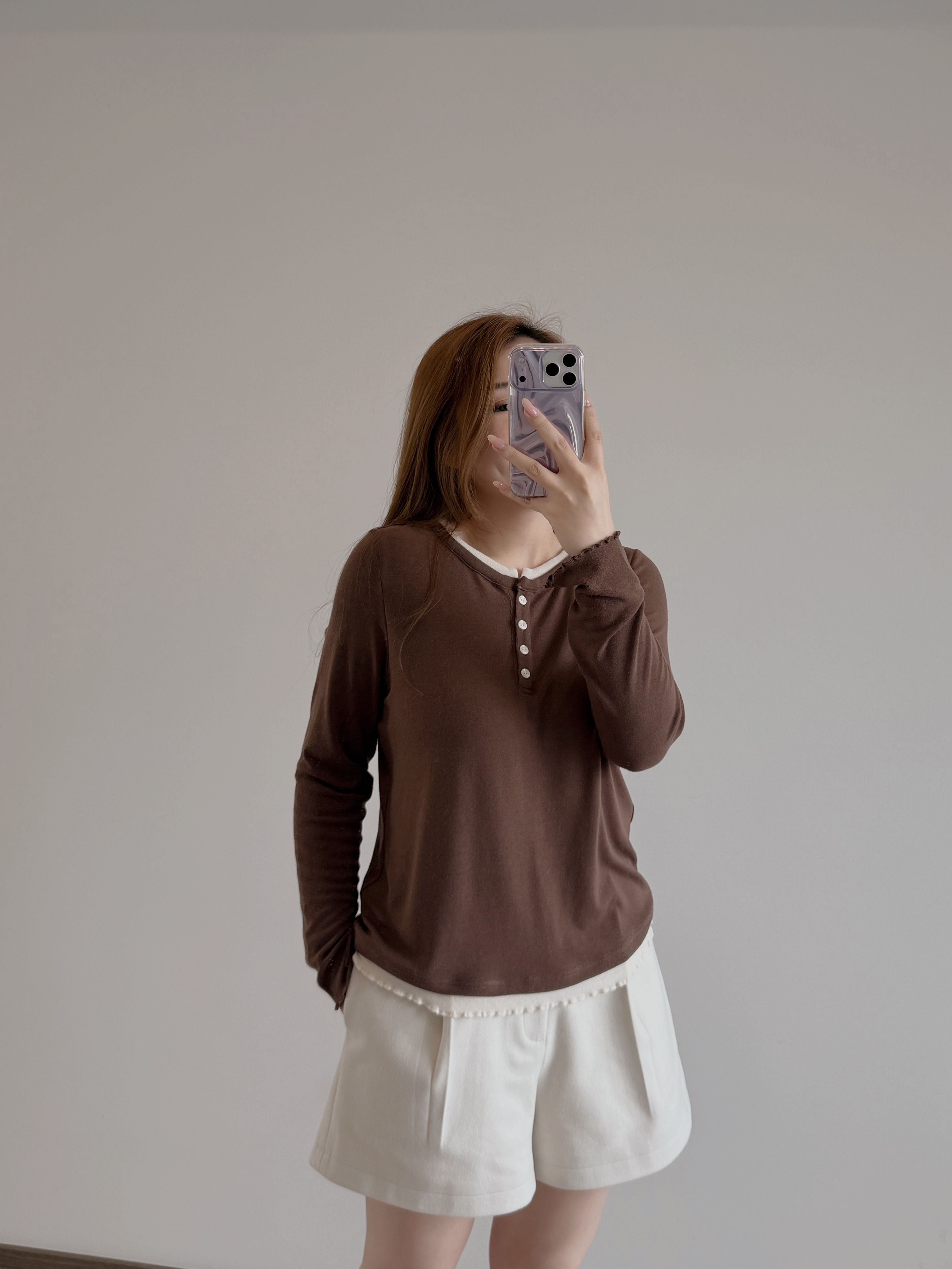 7384 假兩件亨利領糯感軟滑長袖