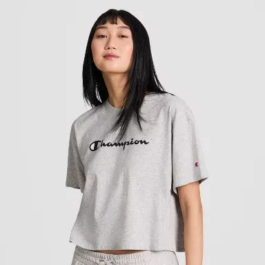 [S] CHAMPION LIGHT GREY HEATHER ICONIC CROPPED SHORT SLEEVE TEE, CPW253TS04003-LIGHT GREY HEATHER (SZZ942)
