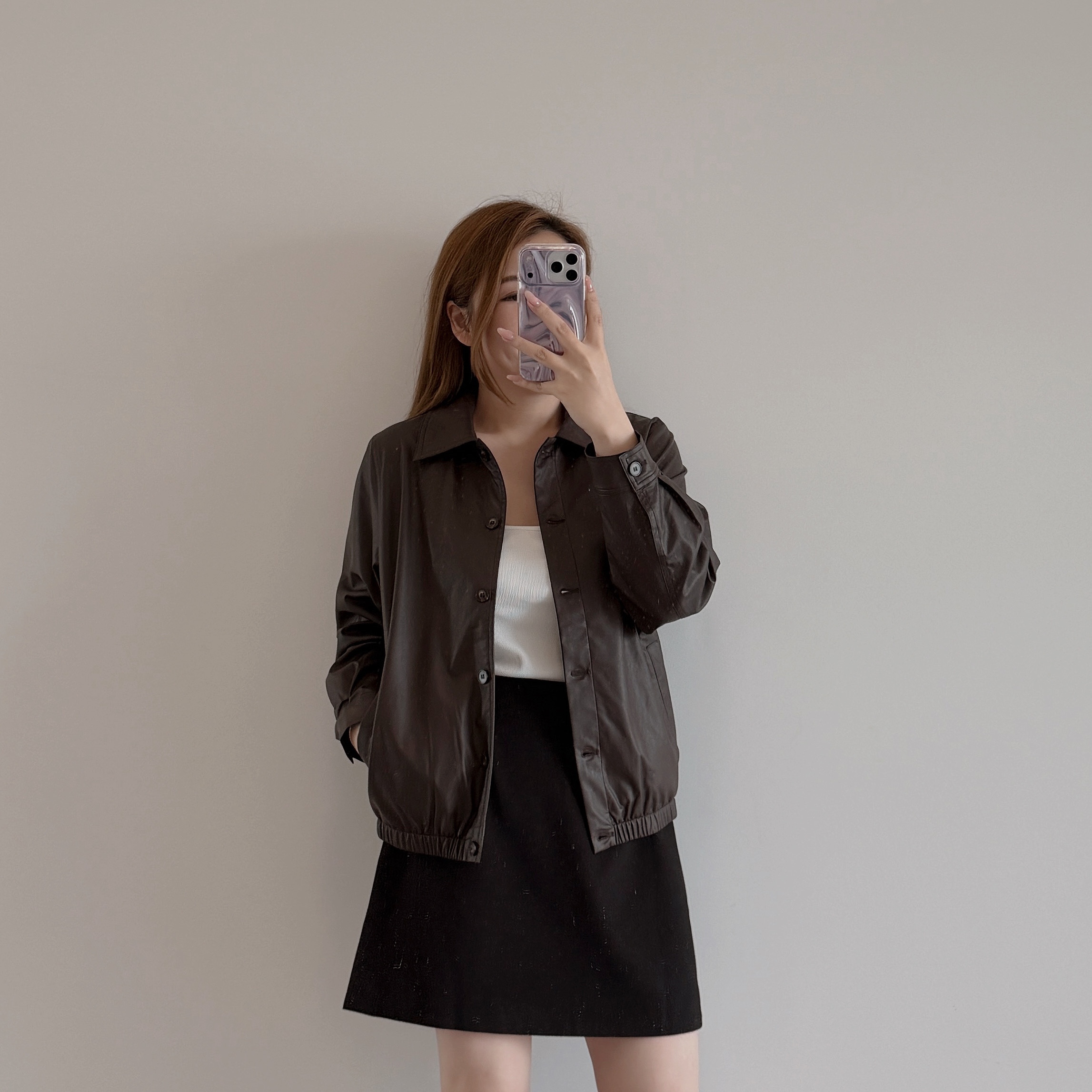 7347 薄款啡色皮衣