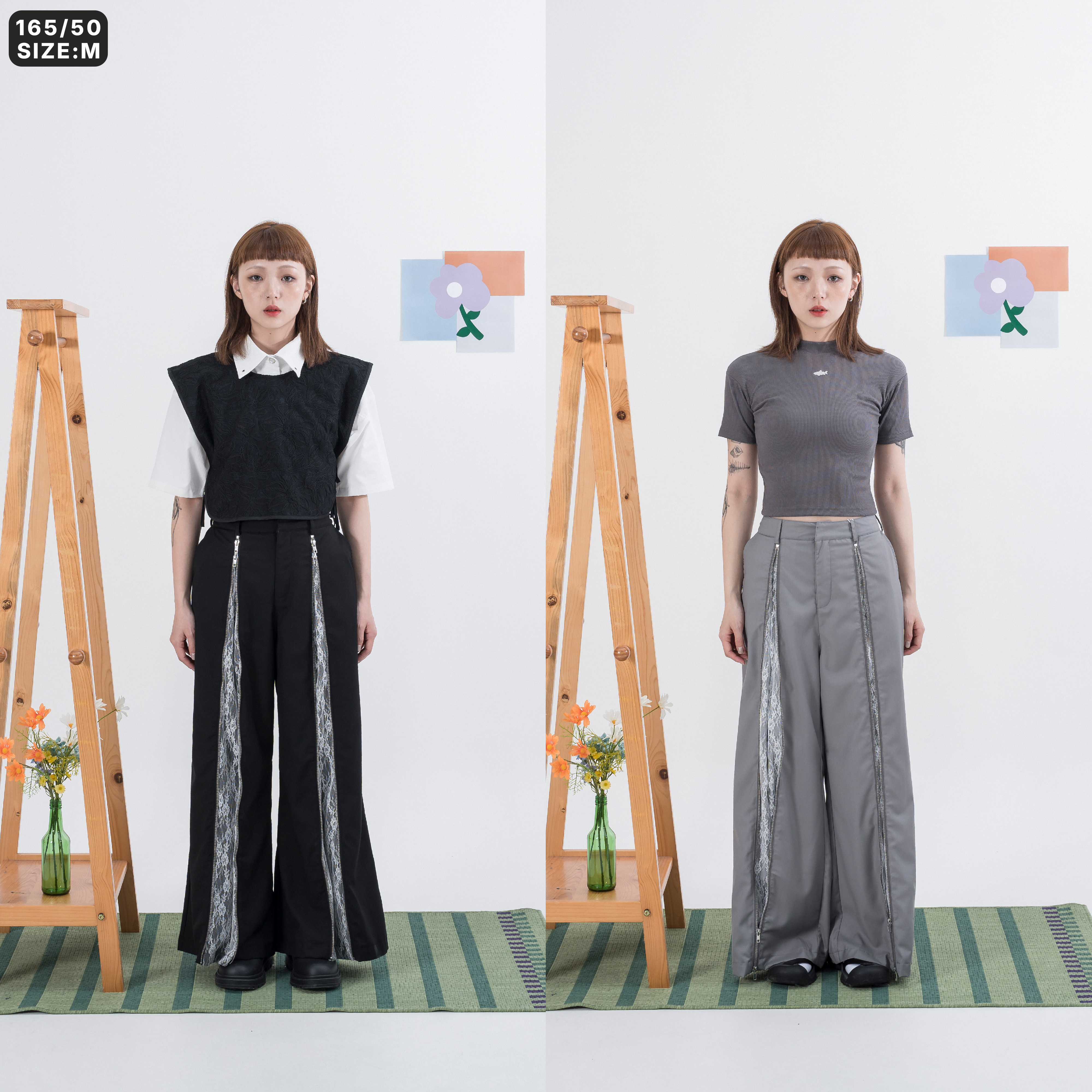 AGILITY MIAO Guipure Lace Zipper Pants 女裝 蕾絲 拉鍊 闊腿長褲 [M-BK6]