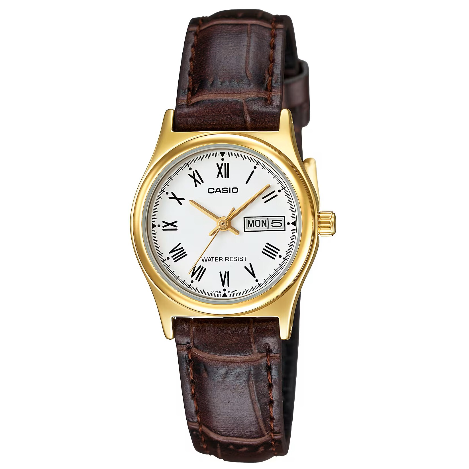 【CASIO 卡西歐】復古時尚 星期日期 簡潔優雅 金框皮革 石英腕錶 女錶 LTP-V006GL