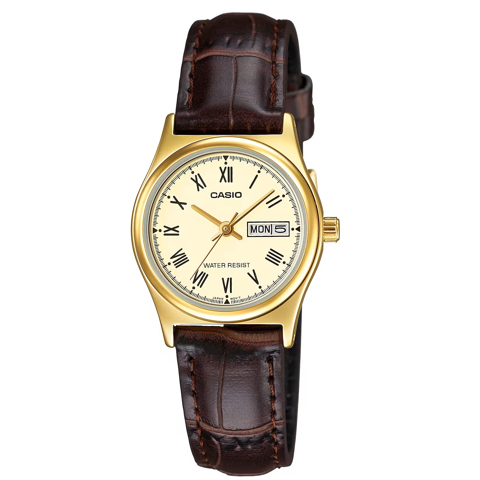 【CASIO 卡西歐】復古時尚 星期日期 簡潔優雅 金框皮革 石英腕錶 女錶 LTP-V006GL