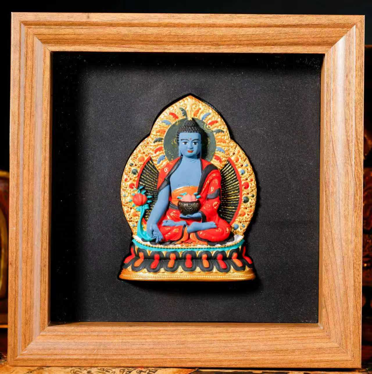 0206XZB19-雪堆白唐卡-药师佛彩绘擦擦桌摆18CM方形（B19）