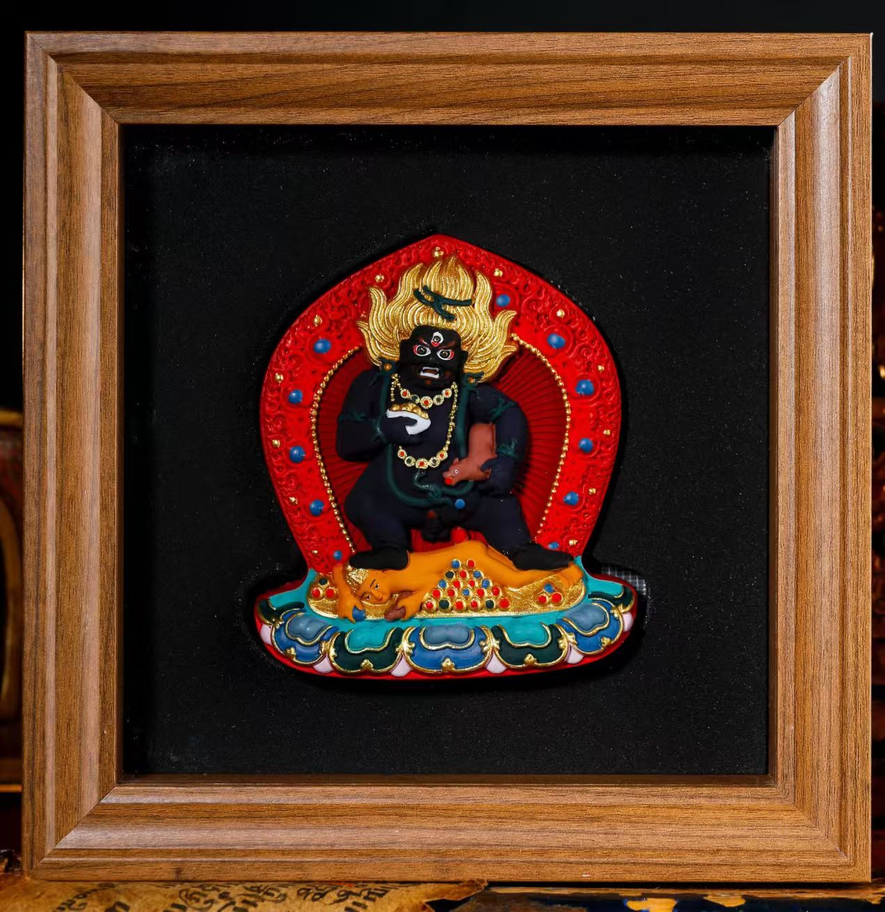 0206XZB18-雪堆白唐卡-黑财神彩绘擦擦桌摆18CM方形（B18）