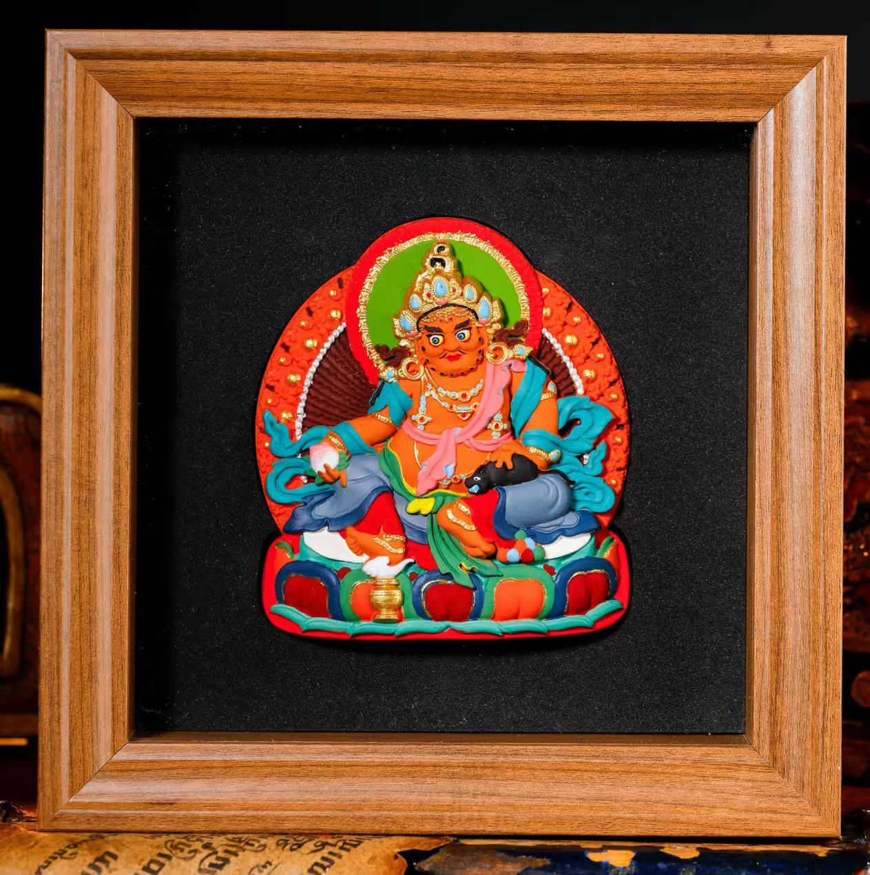 0206XZB17-雪堆白唐卡-黄财神彩绘擦擦桌摆18CM方形（B17）