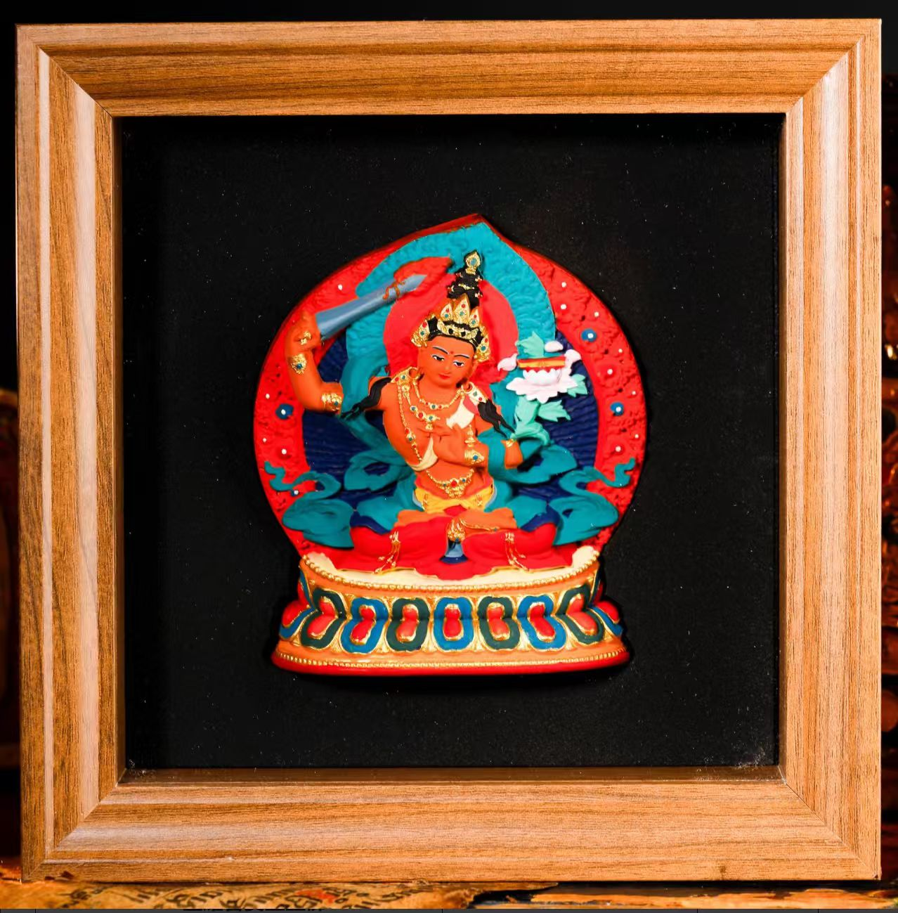 0206XZB21-雪堆白唐卡-文殊彩绘擦擦桌摆18CM方形（B21）