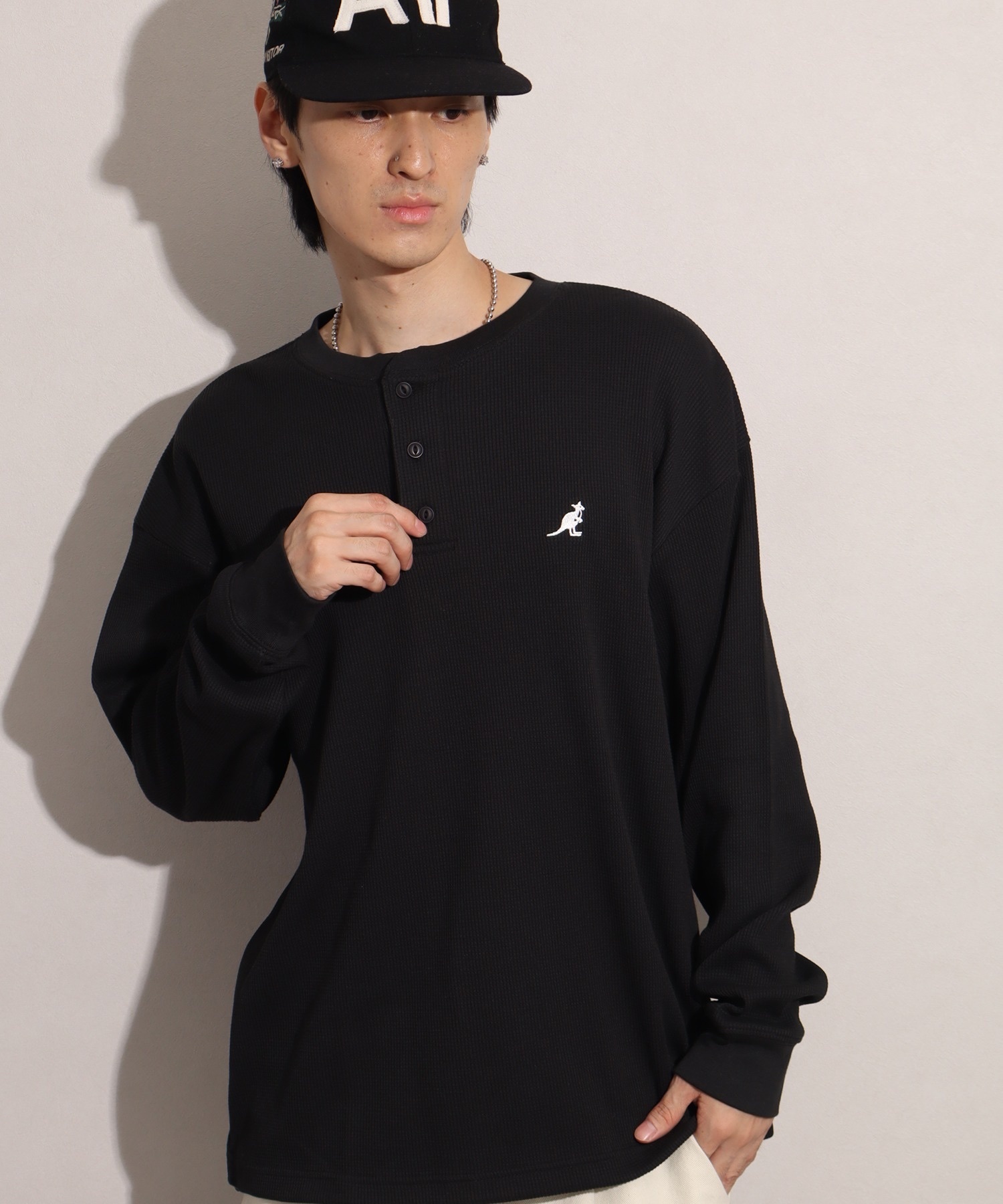 KANGOL / waffle long sleeve henley neck T-shirt