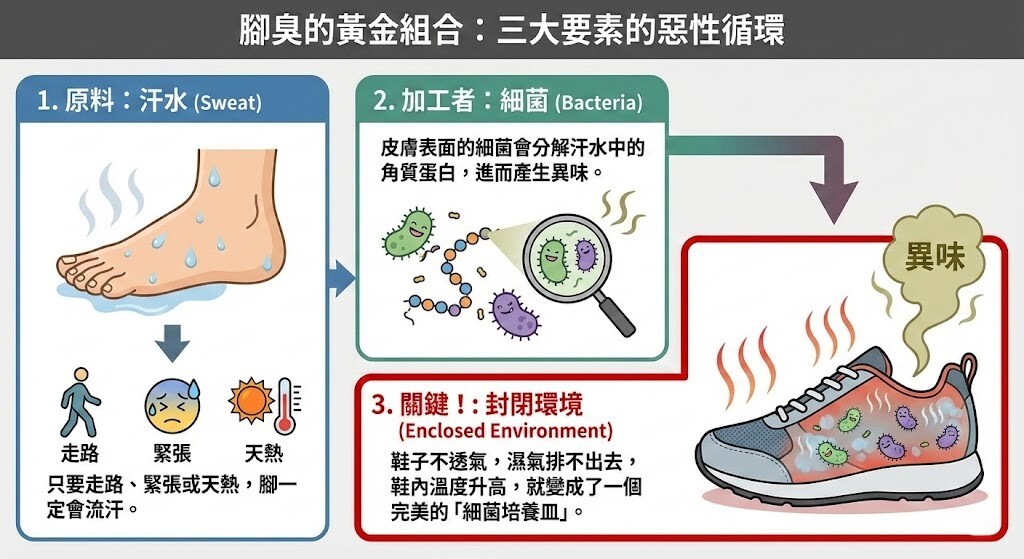 腳臭是因為鞋子不透氣滋生細菌，此示意圖表示為甚麼會腳臭以及危害到雙腳。