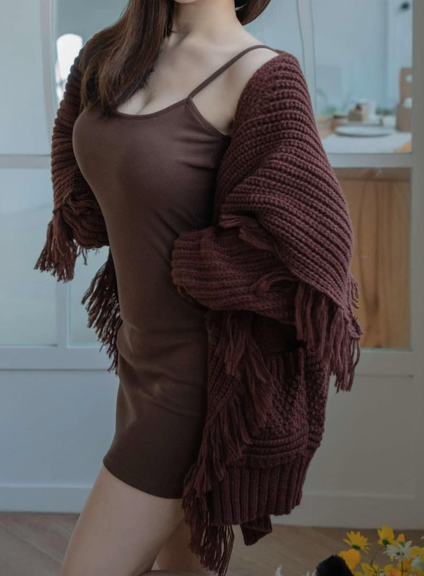 🤍流蘇針織披肩外套+內刷毛背心洋兩件式（咖色均碼）
