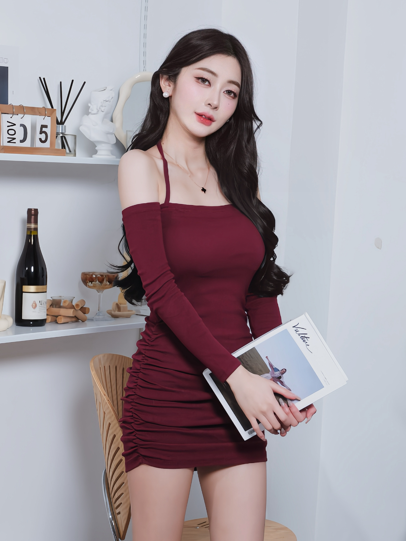 🤍一字斷袖綁帶包臀洋裝（酒紅色均碼）