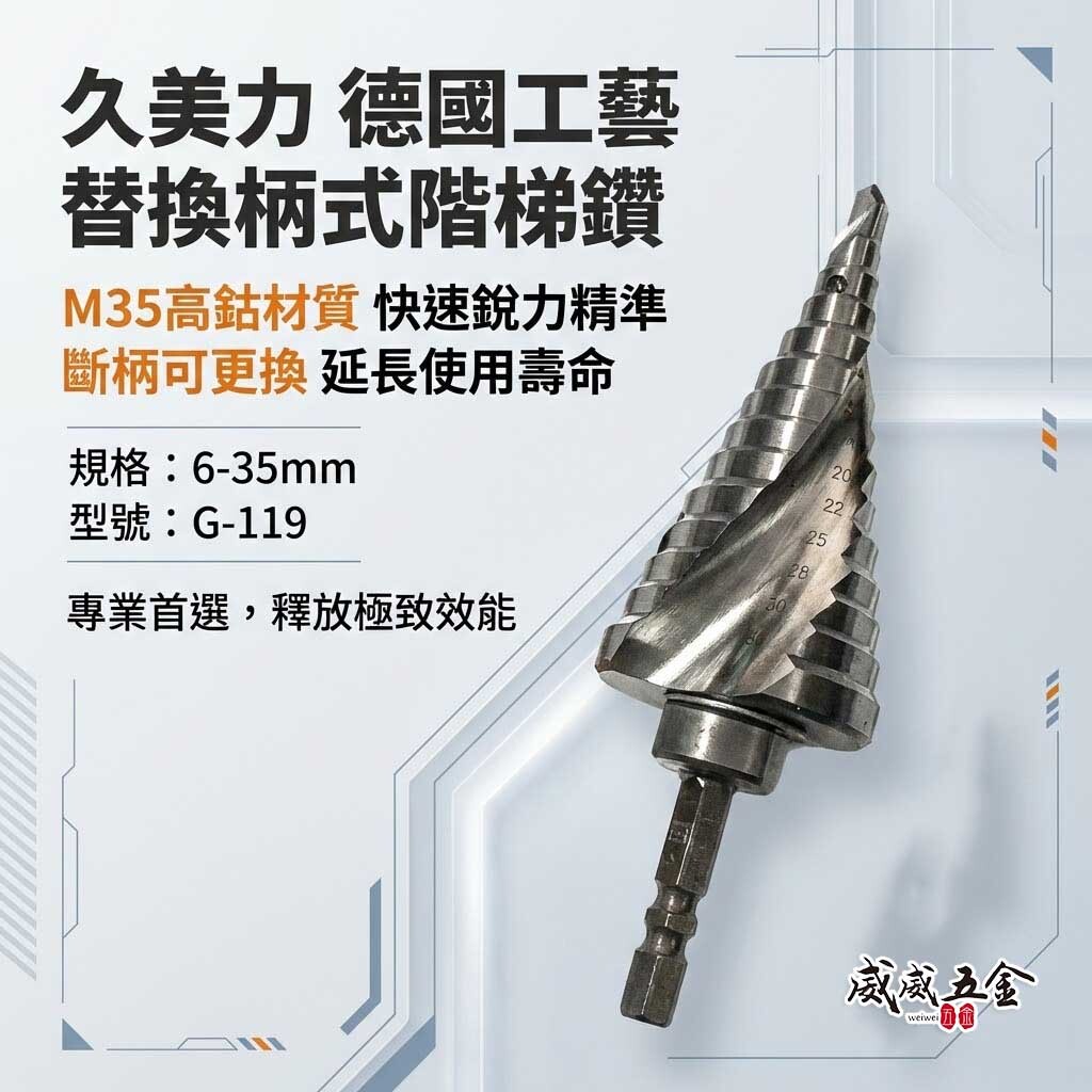 久美力｜6-35mm｜M35高鈷替換式螺旋階梯鑽 替換柄式階梯鑽 六角軸階梯鑽頭 六角柄階梯鑽尾｜G-119