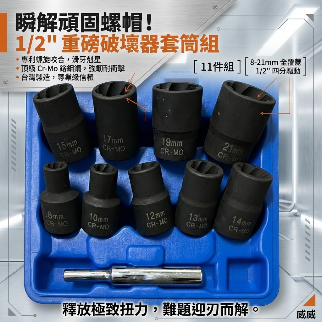 台灣製｜藍盒8-21mm｜1/2" 四分11件組螺帽破壞器 4分螺絲退套筒 螺旋式破壞套筒 滑牙套筒