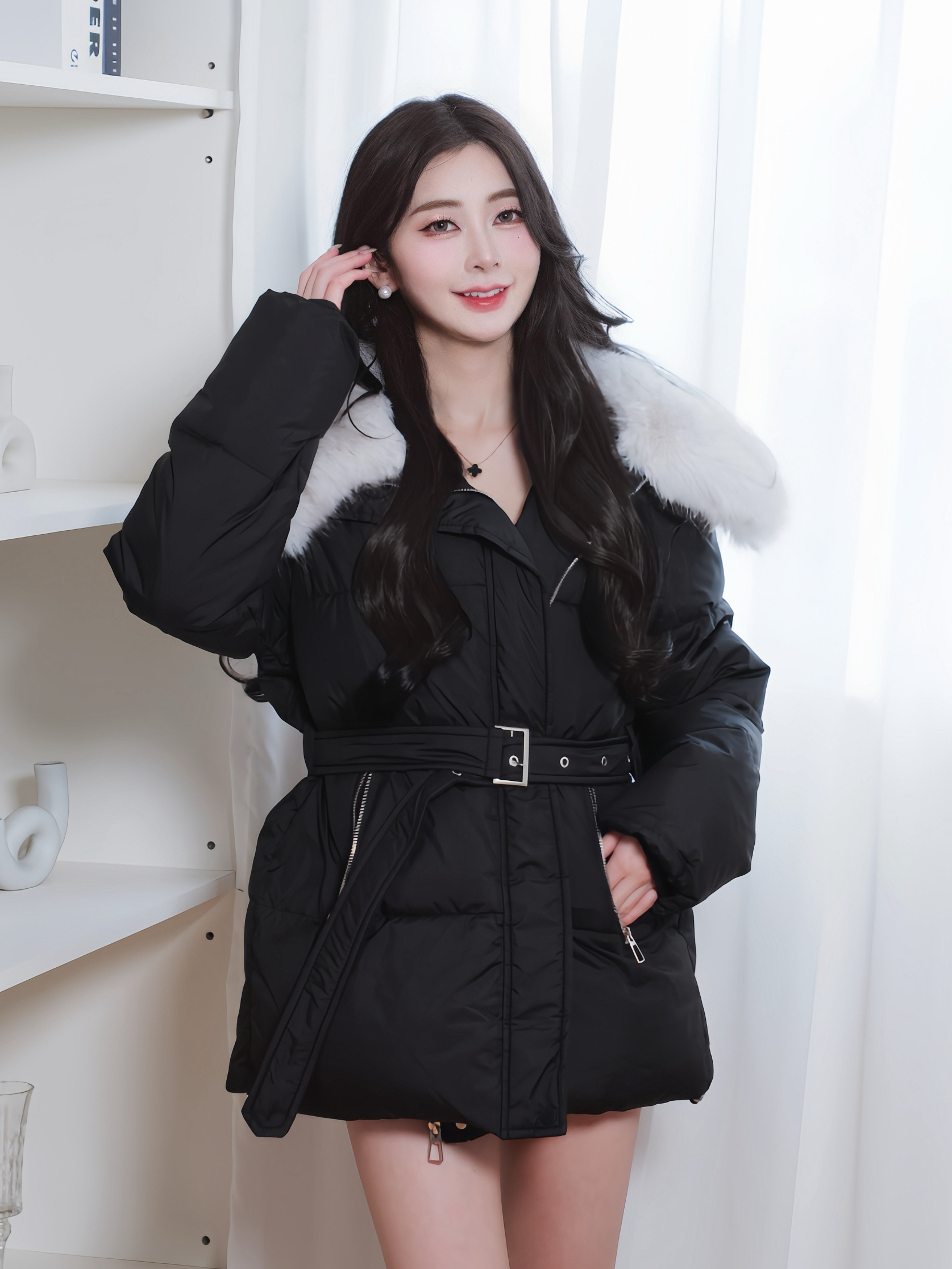 🤍冬季毛毛鵝絨腰帶外套（黑色均碼）