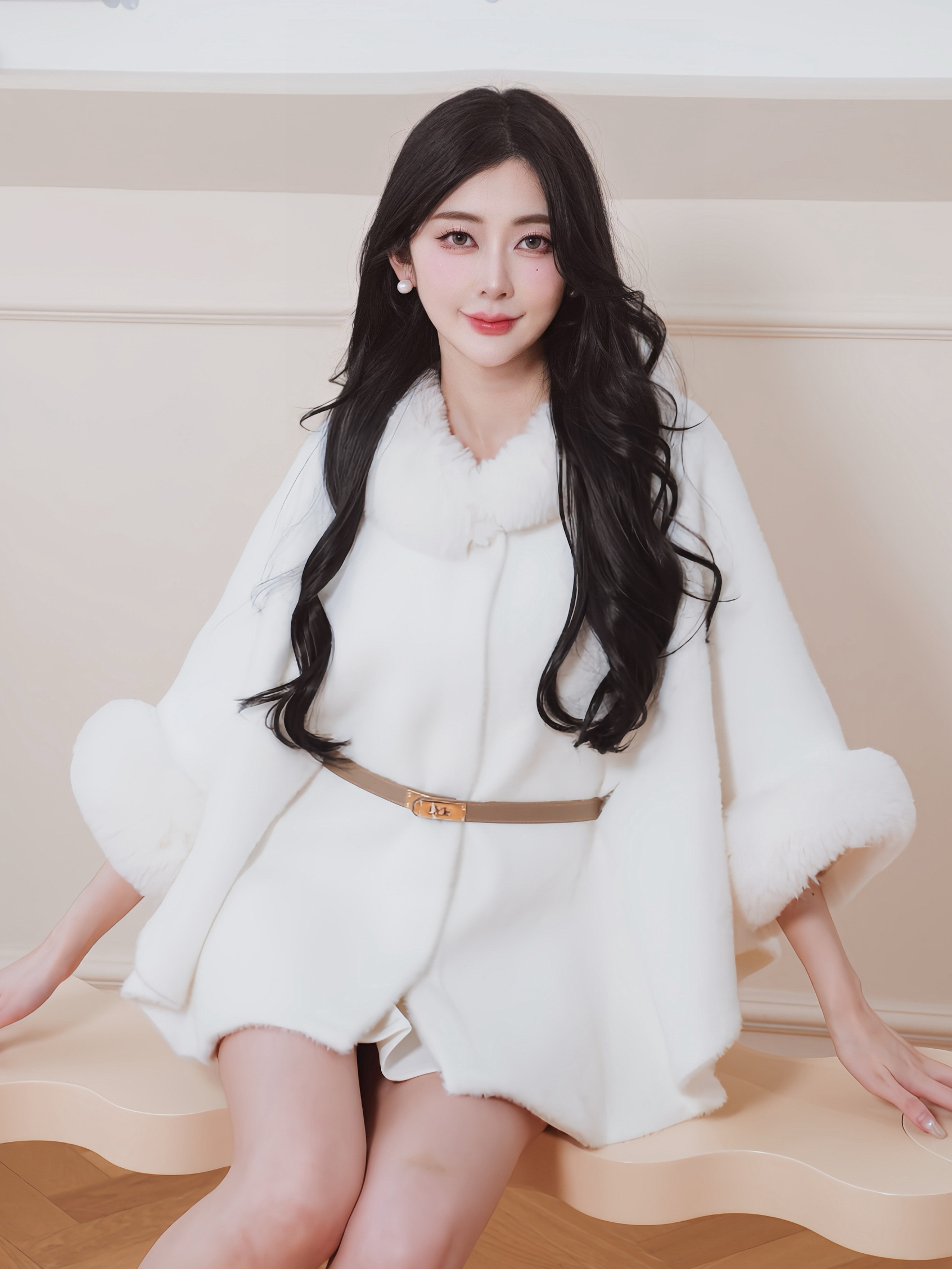 🤍氣質毛領斗篷外套送腰帶（米白色均碼）