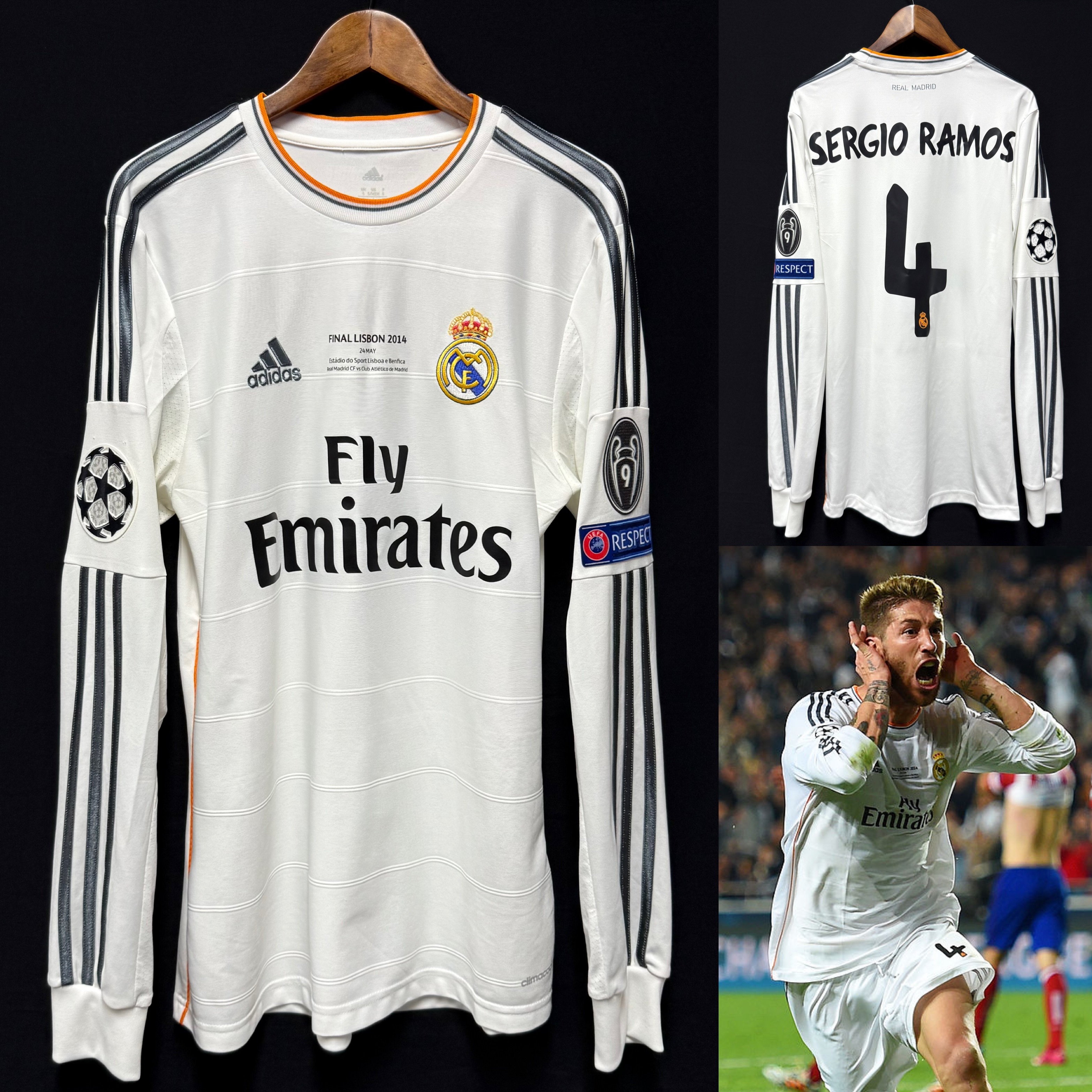 Real Madrid 2013-2014 UEFA Champions League Final Adidas L/S Home Shirt #4 SERGIO RAMOS