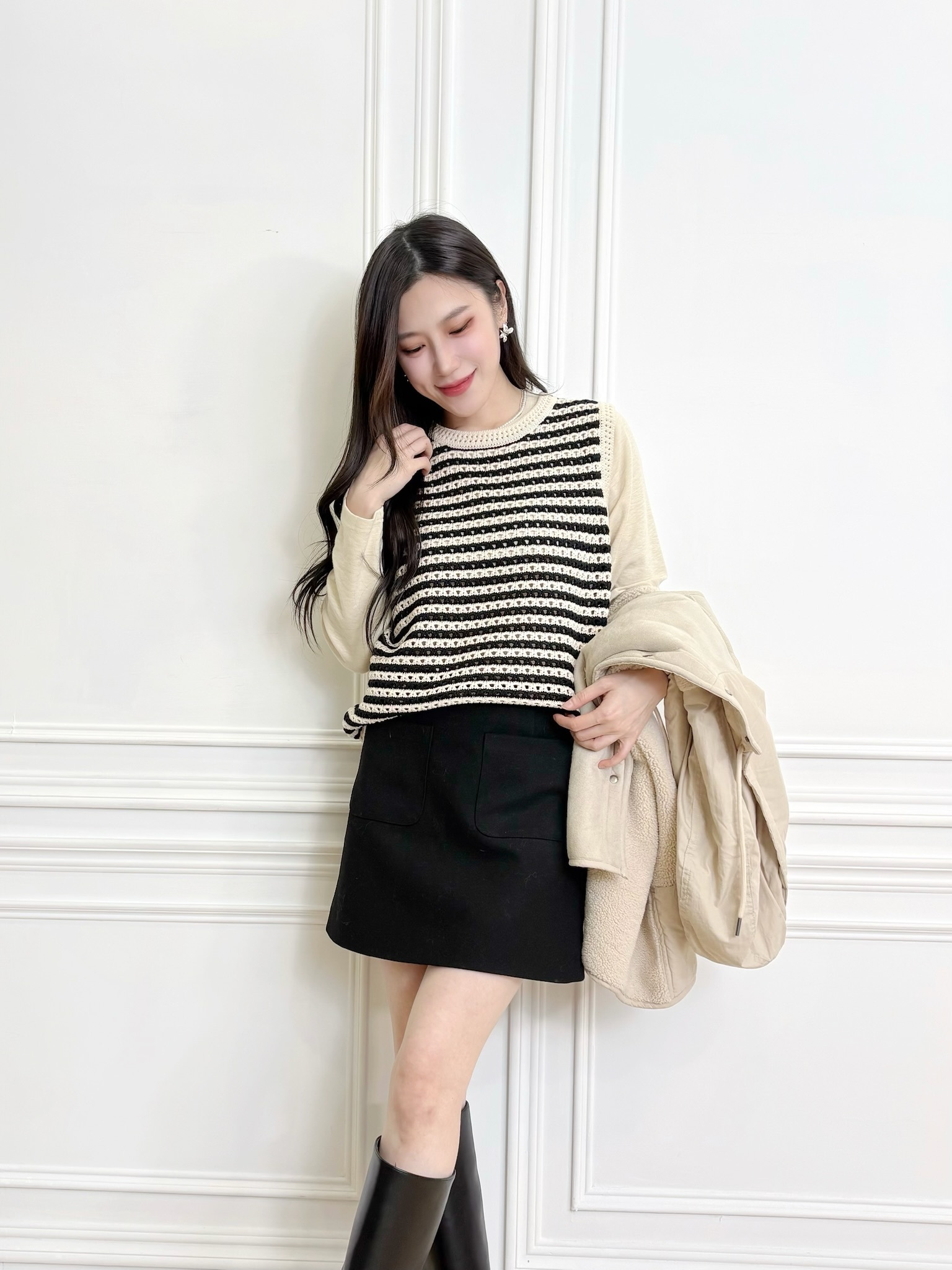 雙口袋毛呢短裙