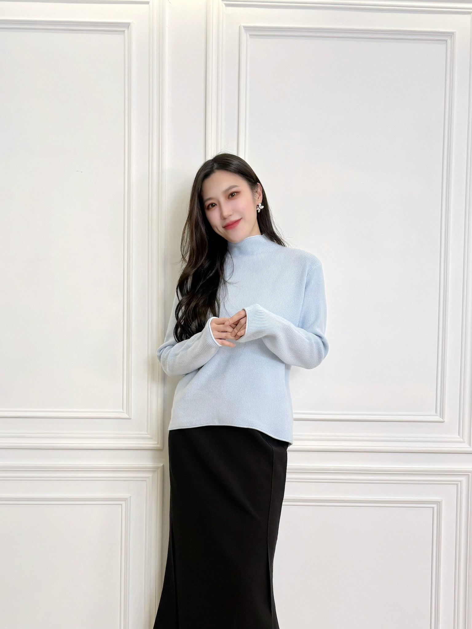 立領卷邊針織長袖上衣