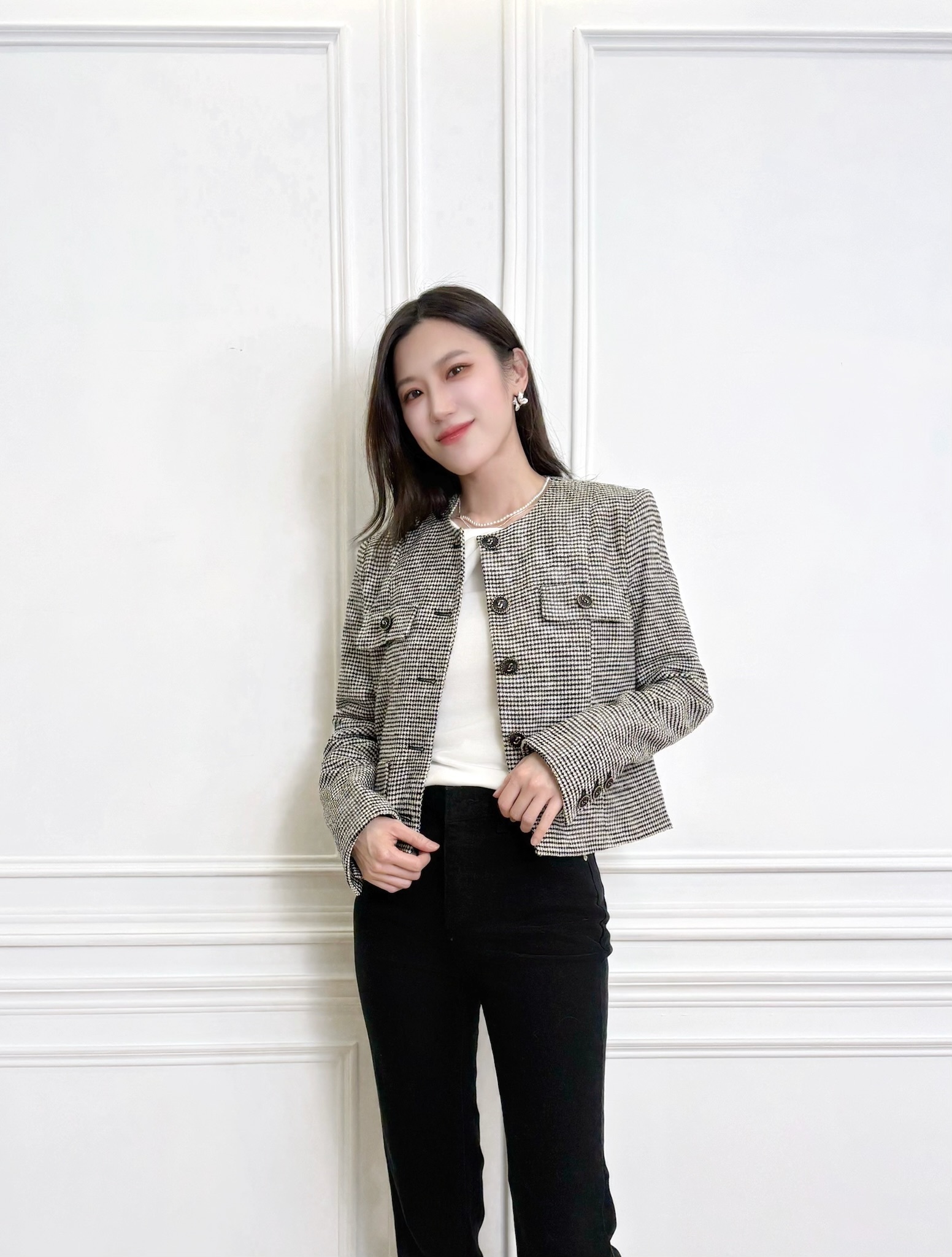 千鳥格黑釦滾金邊廂型外套