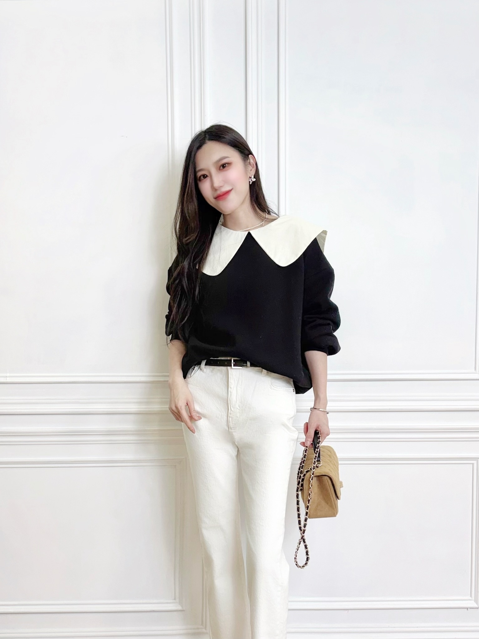 大翻領棉料刷絨後蝴蝶結上衣