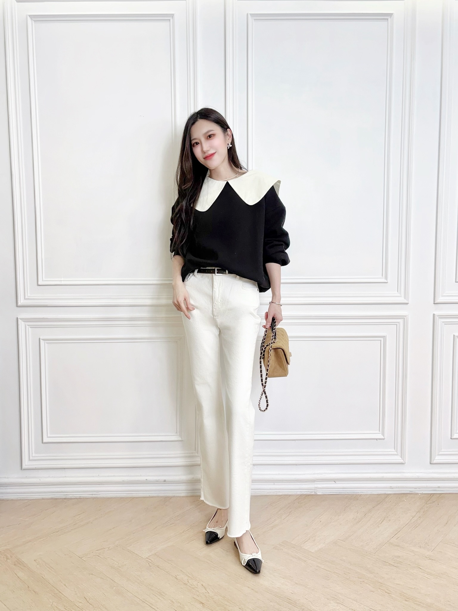 白色率性微靴型牛仔褲