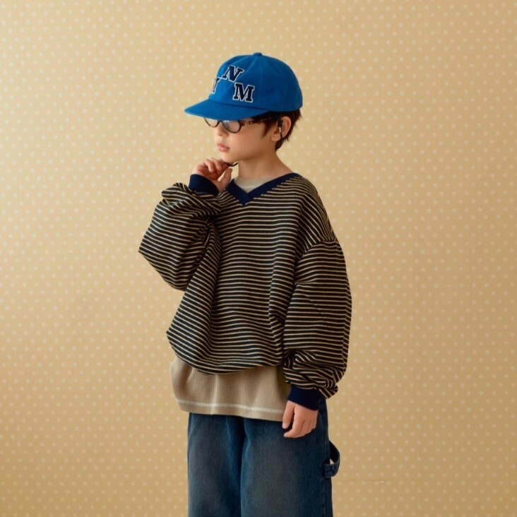 90-140 MNM V領針織條紋大學T 2色