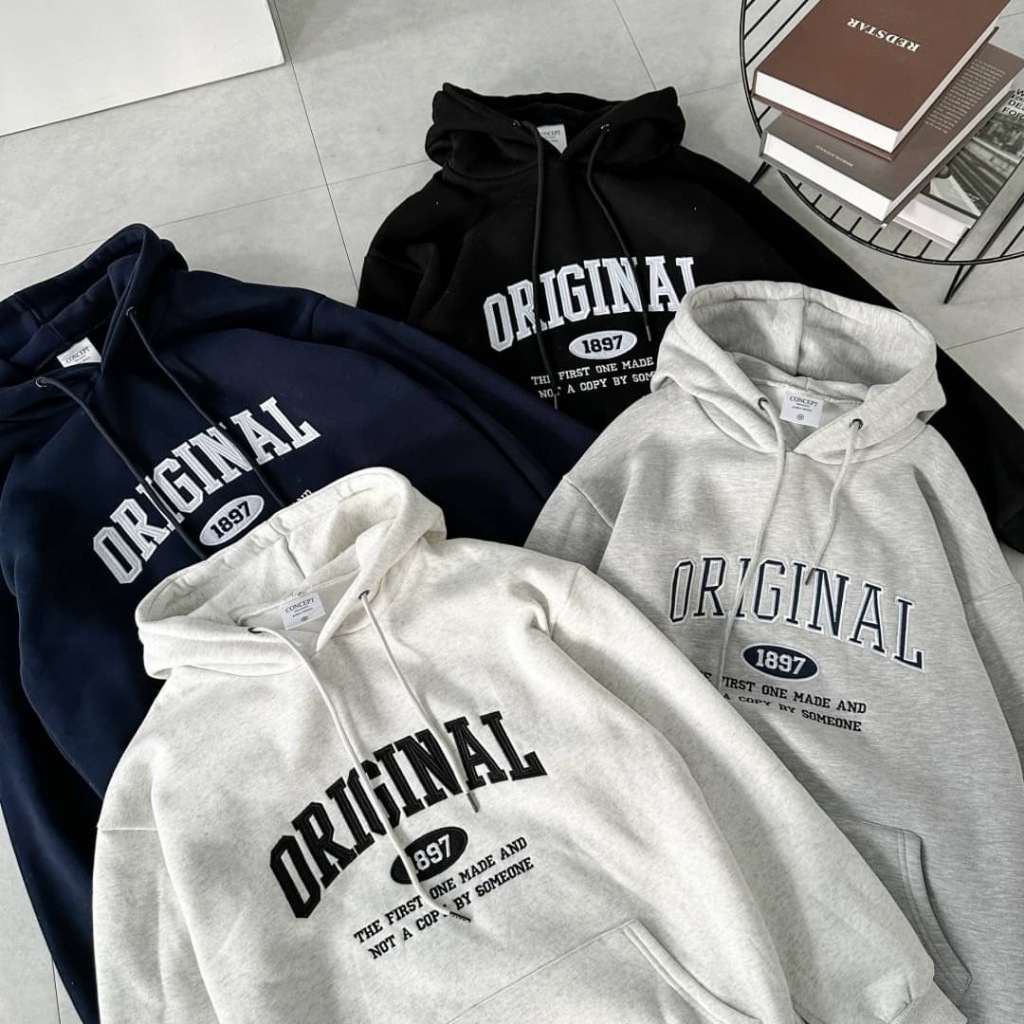 韓國original 內刷毛 1897 日式貼布刺繡 寬鬆 正韓帽T 男生 休閒 80491