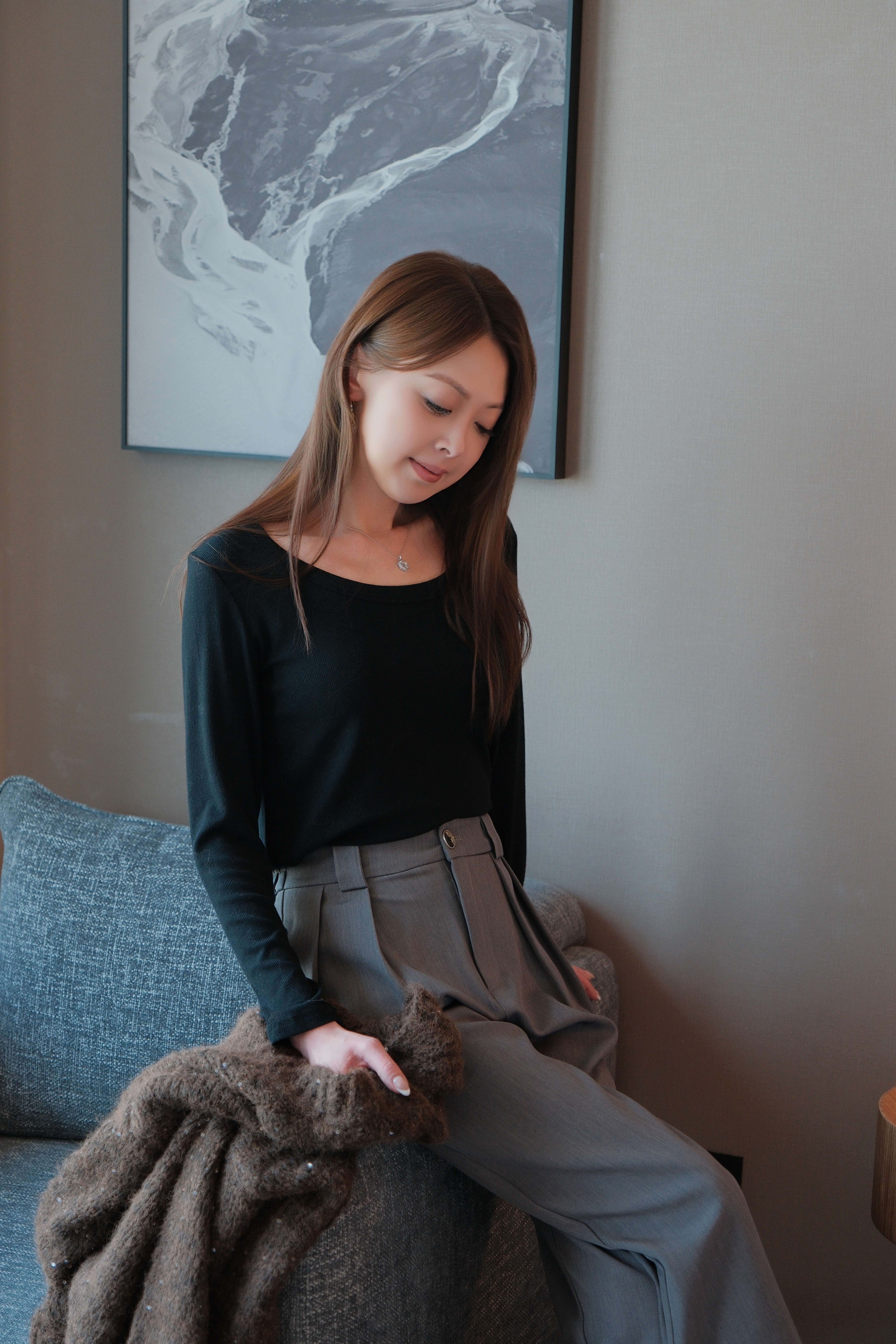 Scoop Neck Ribbed Viscose-Blend Long Sleeve Top_TP2511L12