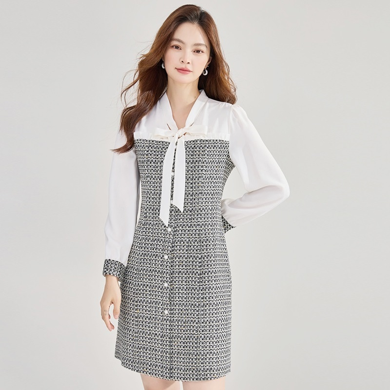 小香風拼接羊毛洋裝 灰色