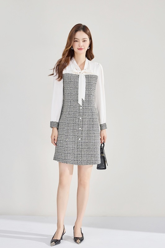 小香風拼接羊毛洋裝 灰色