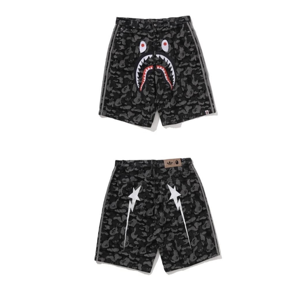 -(B3c01)-A BATHING APE BAPE X ADIDAS CAMO  SHARK 迷彩 猿人頭壓紋 牛仔 單寧 短褲-KF4917