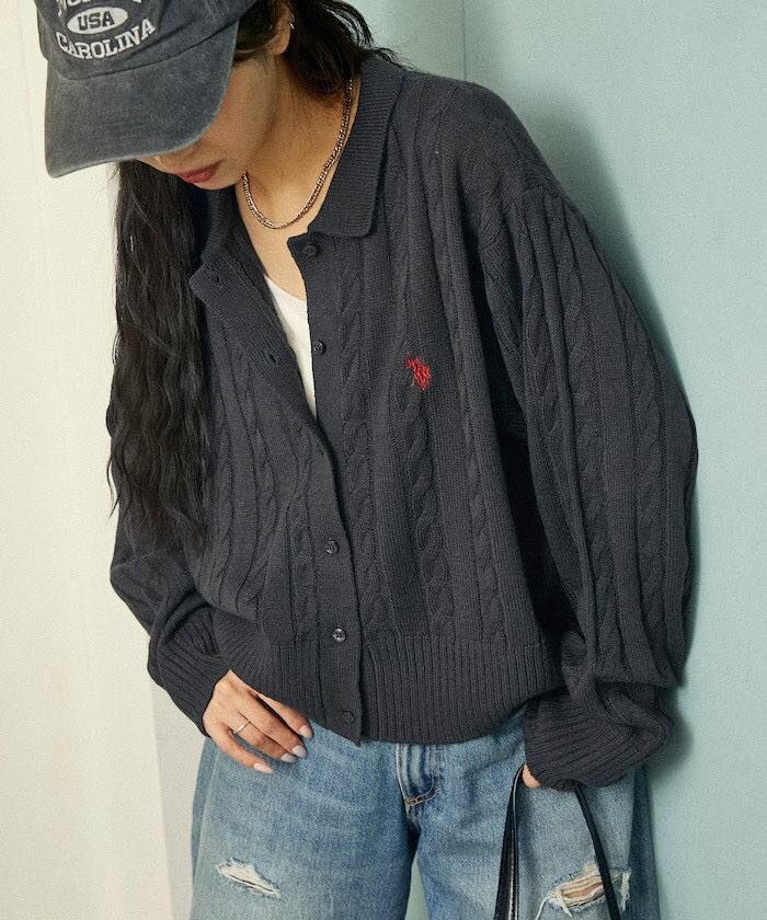 U.S. POLO ASSN. 粗針織開襟衫女版 日系選品