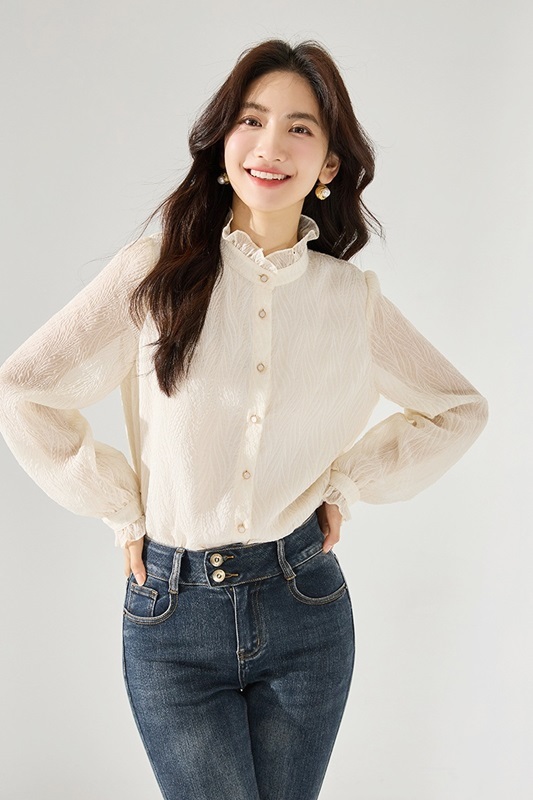 木耳領紋理雪紡襯衫 兩色