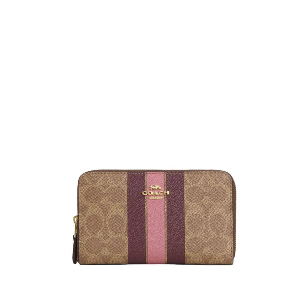 【Coach Outlet】Medium Id Zip Wallet In Signature Canvas With Varsity Stripe  咖