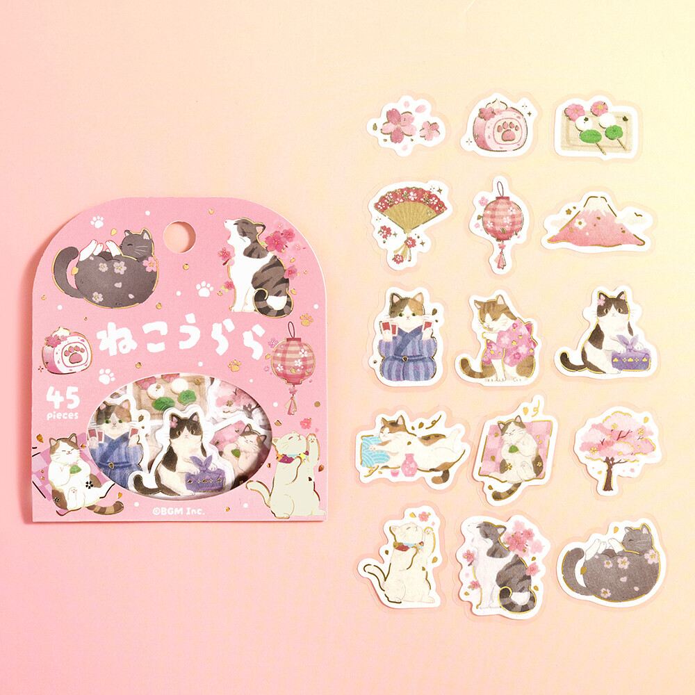 櫻花與貓咪 春季限定 45入箔押和紙貼紙包 ｜日本BGM