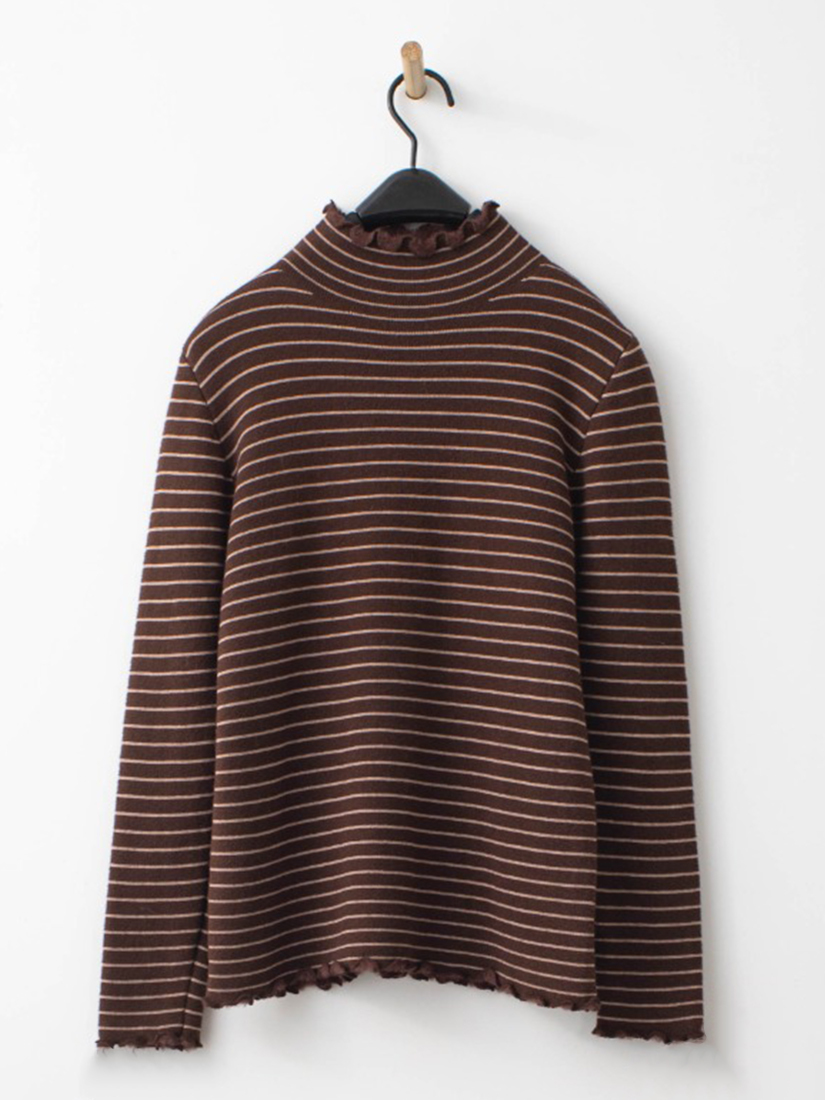 條紋木耳邊半高領加絨針織上衣