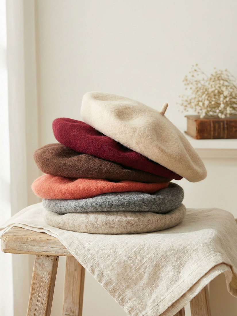 日系氣質素色毛呢貝蕾帽