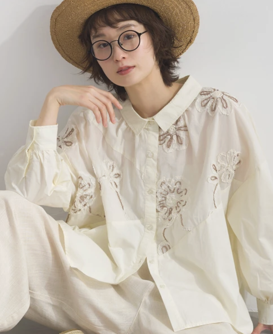 ｛預訂款｝手作花語拼接襯衫上衣（3色入）【日本直送】