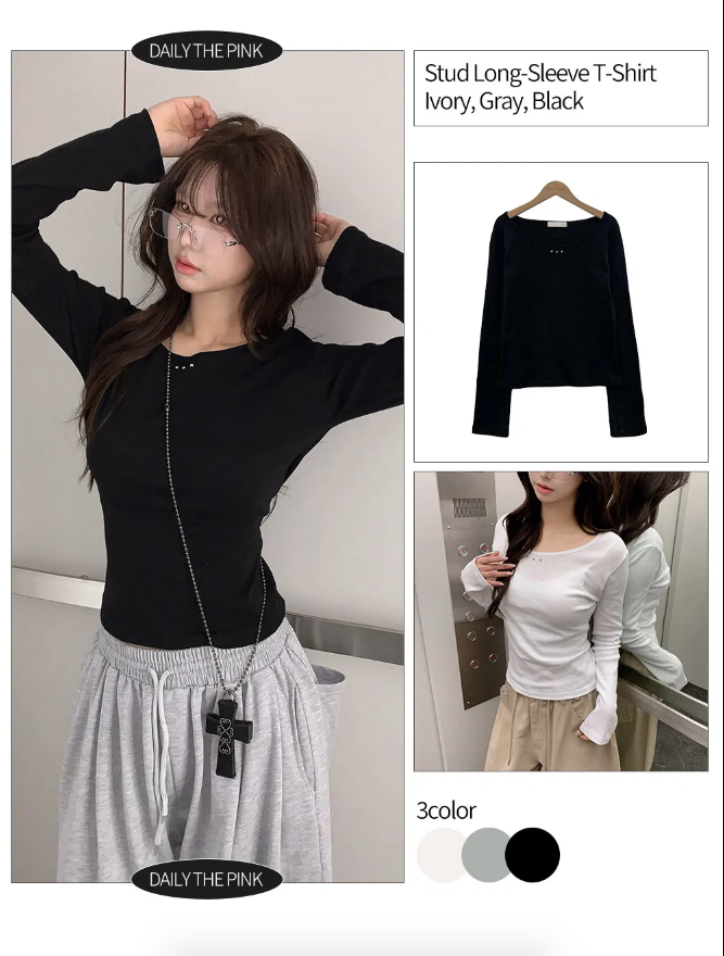 春季預訂｜修身鉚釘純色長袖TEE